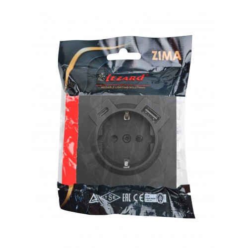 Розетка с/з TC + USB разъем черный бархат (10шт/120шт) Lezard Zima (704-4288-181TC)