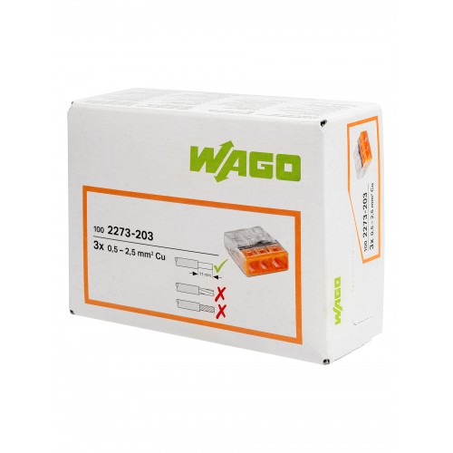Клемма на 3 проводника 0,5-2,5 мм2 без пасты (1 шт.)  WAGO  (WAGO.2273-203)