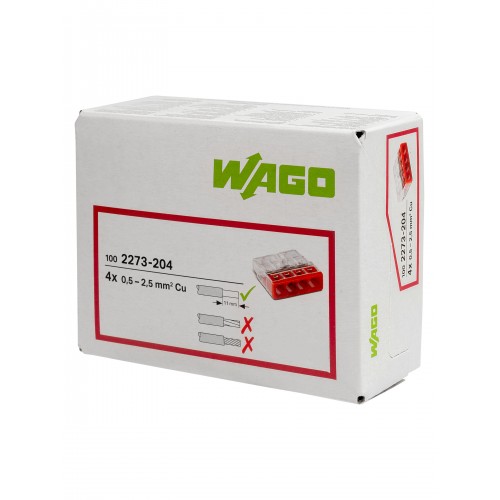 Клемма на 4 проводника 0,5-2,5 мм2 без пасты (1 шт.) WAGO  (WAGO.2273-204)