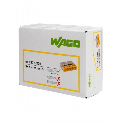Клемма на 5 проводников 0,5-2,5 мм2 без пасты (1 шт.) WAGO     (WAGO.2273-205)